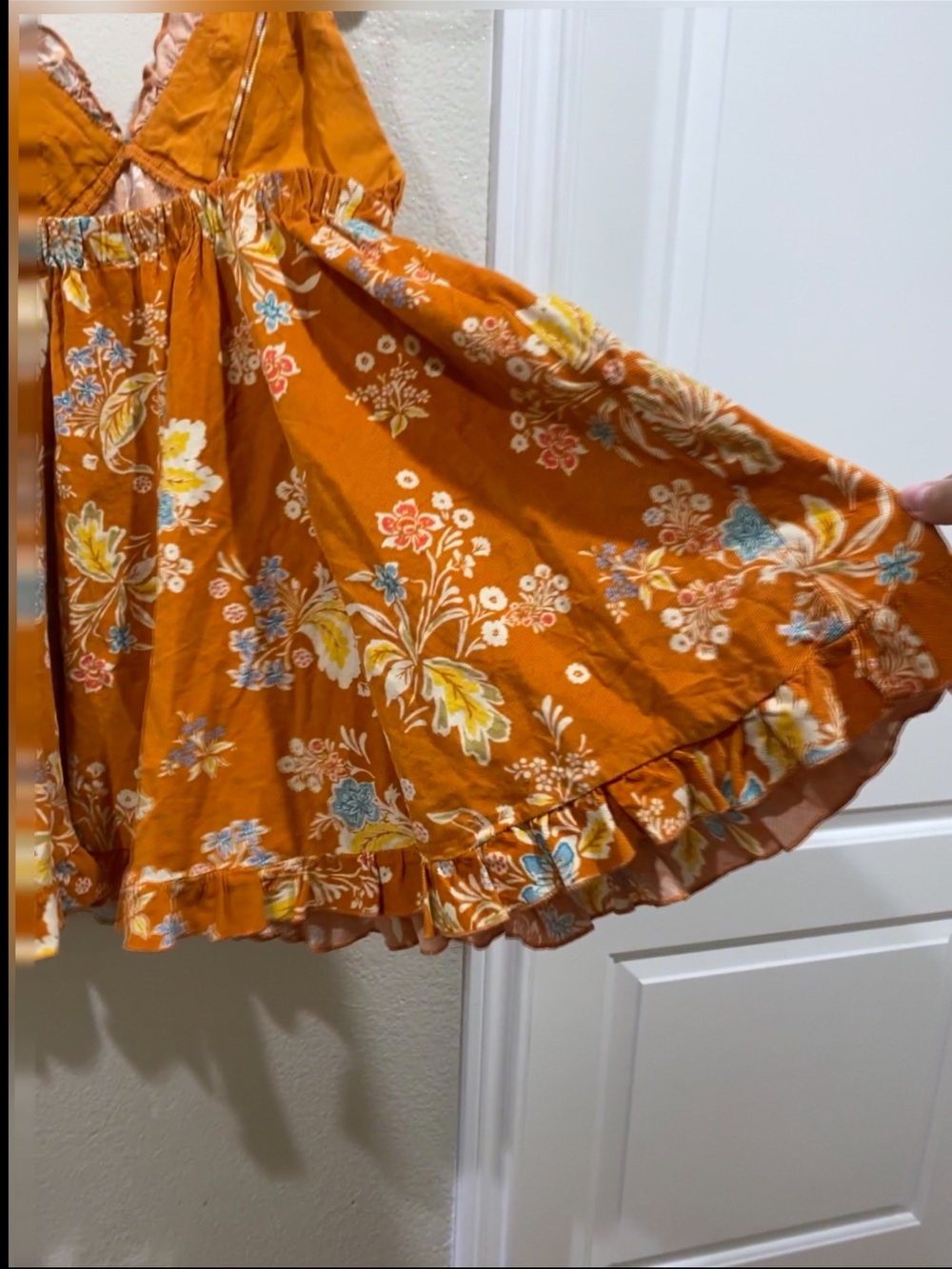 NWT Free People Orange Babydoll Mini Dress Size M Ruffled Floral MSRP $128 - Picture 5 of 7
